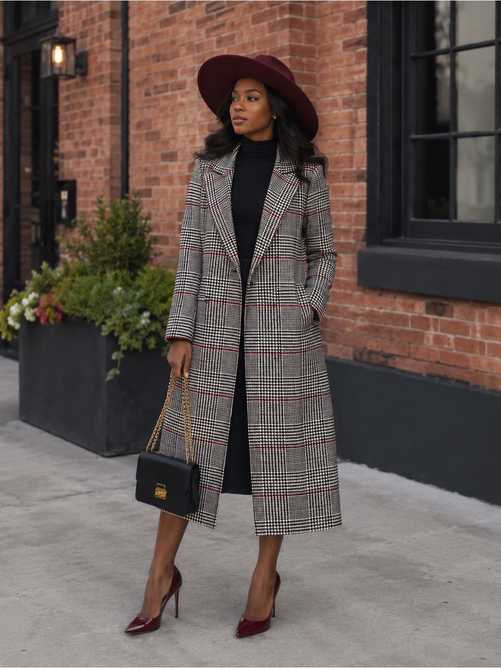 Forever 21 Black and White Plaid Long Blazer Coat with Red Accents